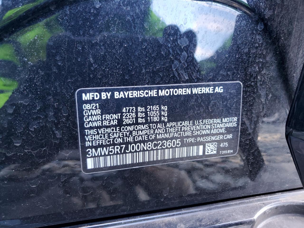 2022 BMW 330XI VIN:3MW5R7J00N8C23605