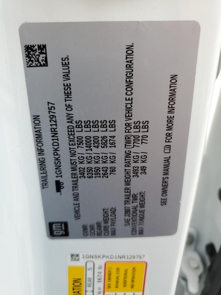 2022 CHEVROLET TAHOE K1500 Z71 VIN:1GNSKPKD1NR129757