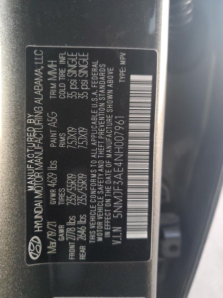 2022 HYUNDAI TUCSON SEL VIN:5NMJF3AE4NH007961