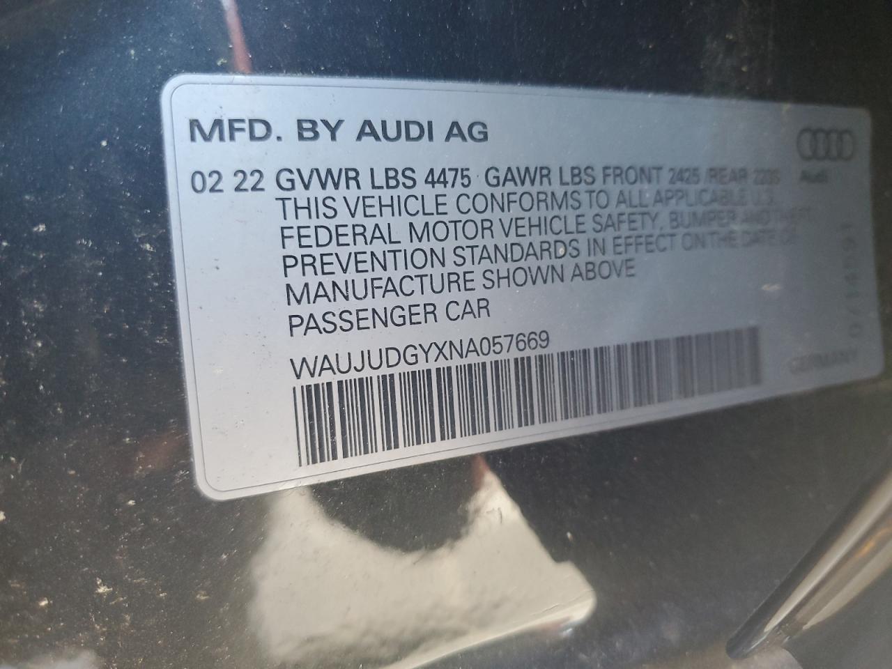 2022 AUDI A3 PRESTIGE VIN:WAUJUDGYXNA057669