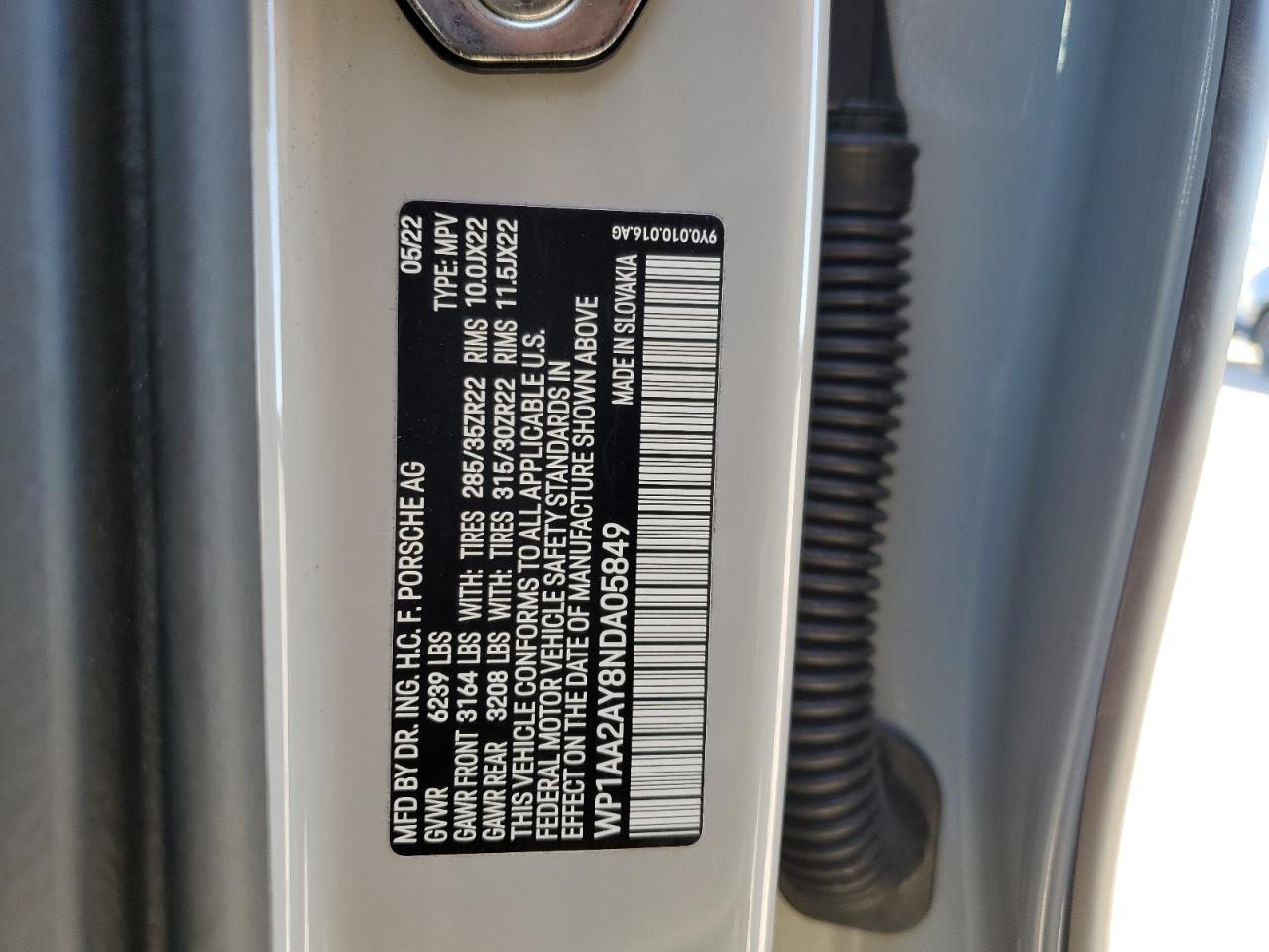 2022 PORSCHE CAYENNE VIN:WP1AA2AY8NDA05849