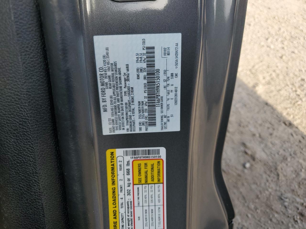 2022 FORD MUSTANG VIN:1FA6P8TH9N5150100