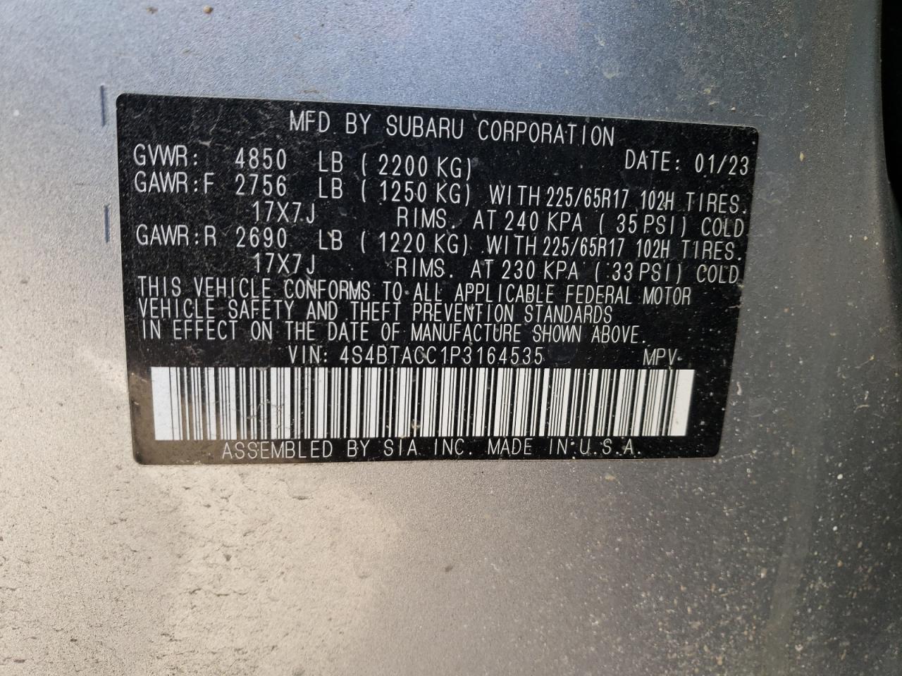 2023 SUBARU OUTBACK PREMIUM VIN:4S4BTACC1P3164535