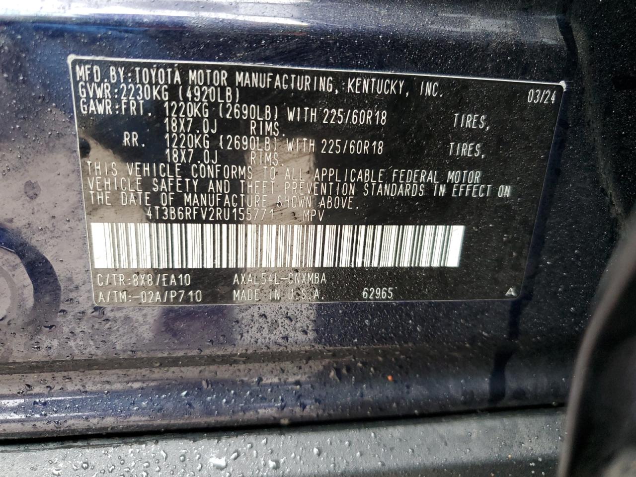 2024 TOYOTA RAV4 XLE PREMIUM VIN:4T3B6RFV2RU155771