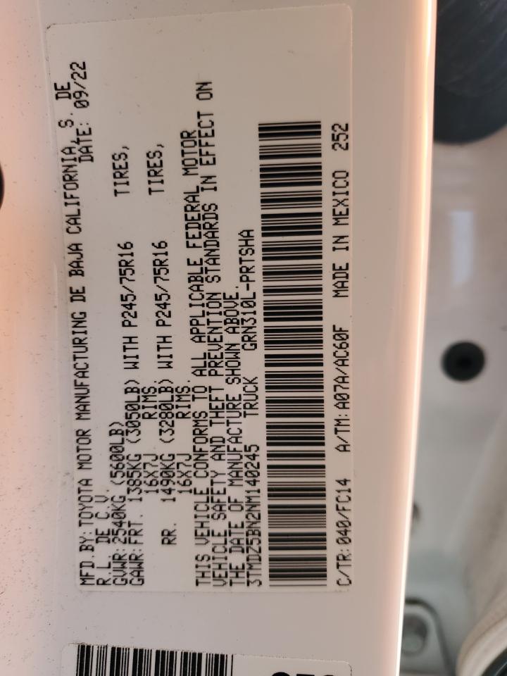 2022 TOYOTA TACOMA DOUBLE CAB VIN:3TMDZ5BN2NM140245