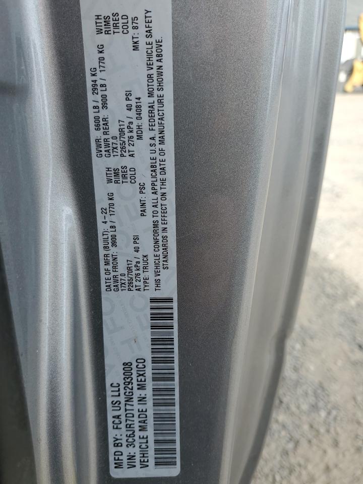 2022 RAM 1500 CLASSIC TRADESMAN VIN:3C6JR7DT7NG293008