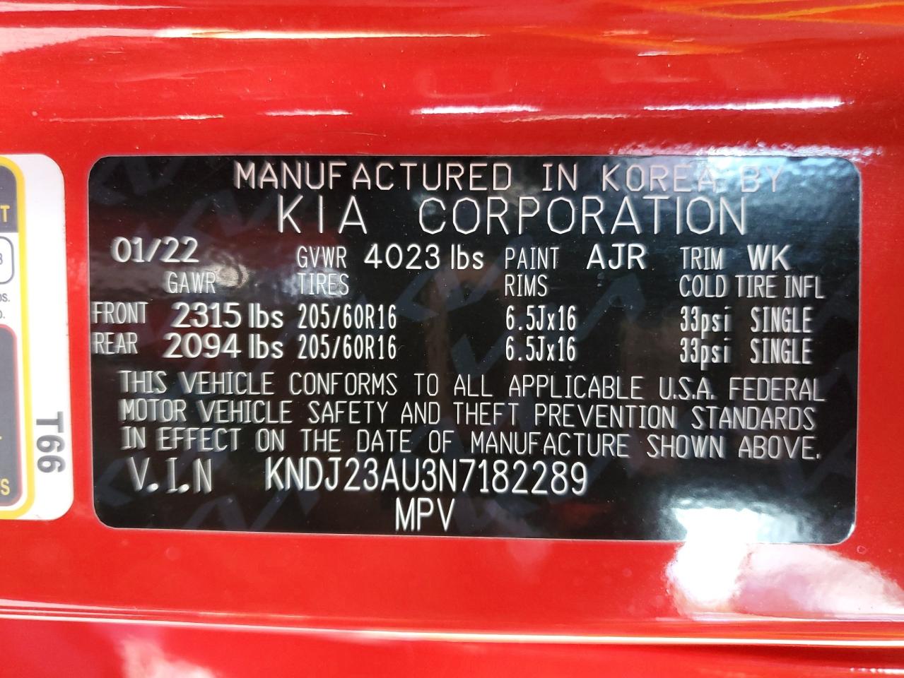2022 KIA SOUL LX VIN:KNDJ23AU3N7182289