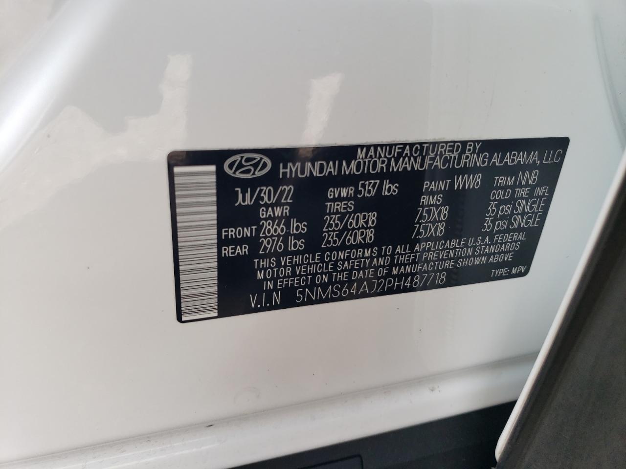 2023 HYUNDAI SANTA FE XRT VIN:5NMS64AJ2PH487718