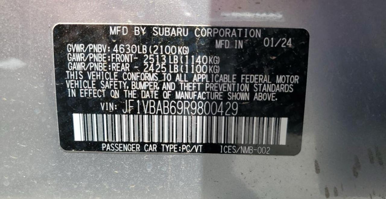 2024 SUBARU WRX VIN:JF1VBAB69R9800429