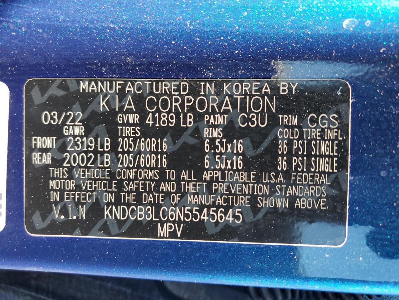 2022 KIA NIRO LX VIN:KNDCB3LC6N5545645