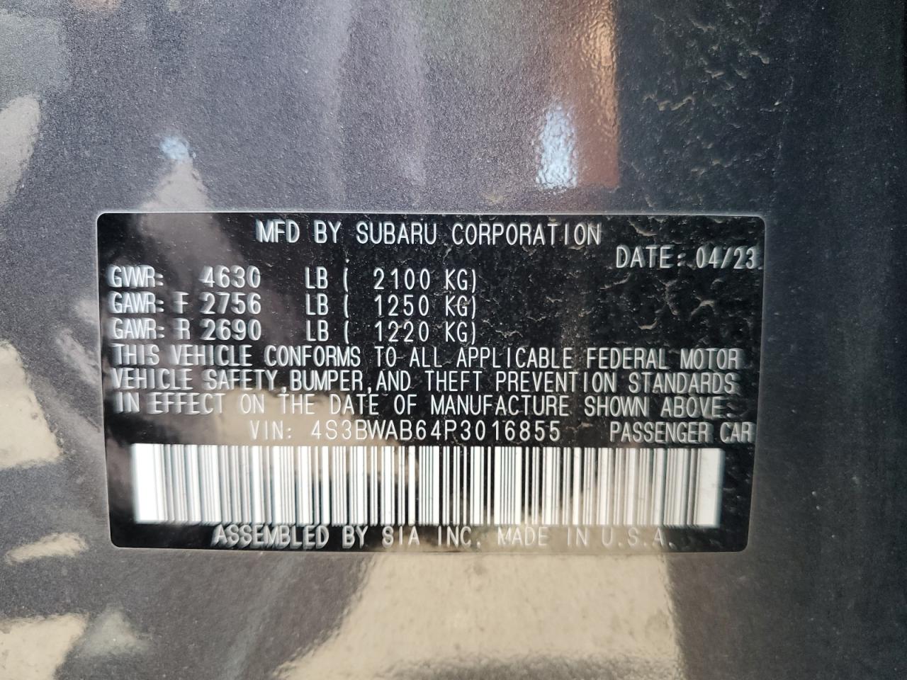 2023 SUBARU LEGACY VIN:4S3BWAB64P3016855