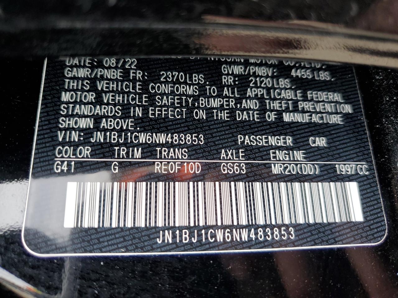 2022 NISSAN ROGUE SPORT SL VIN:JN1BJ1CW6NW483853