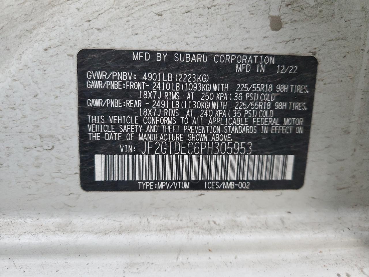 2023 SUBARU CROSSTREK PREMIUM VIN:JF2GTDEC6PH305953