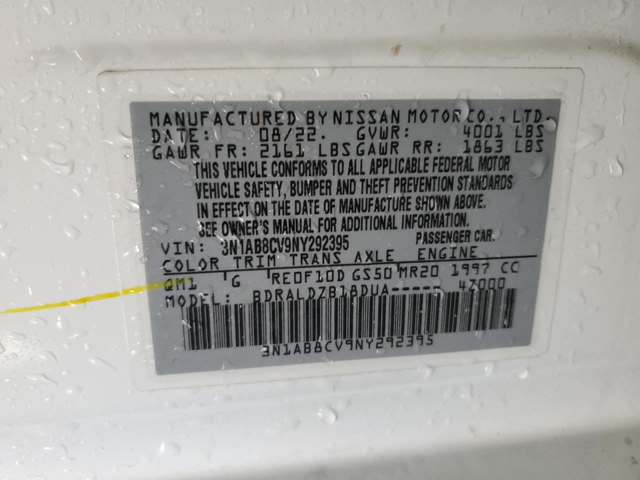 2022 NISSAN SENTRA SV VIN:3N1AB8CV9NY292395