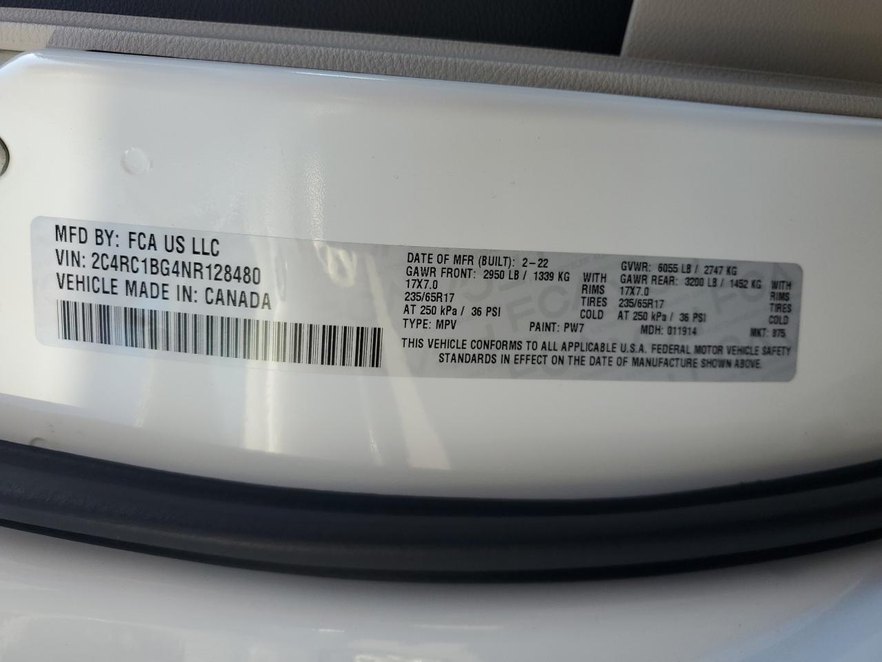 2022 CHRYSLER PACIFICA TOURING L VIN:2C4RC1BG4NR128480