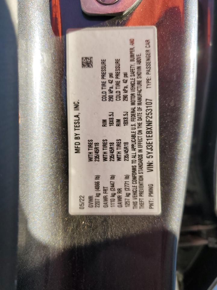 2022 TESLA MODEL 3 VIN:5YJ3E1EBXNF253107