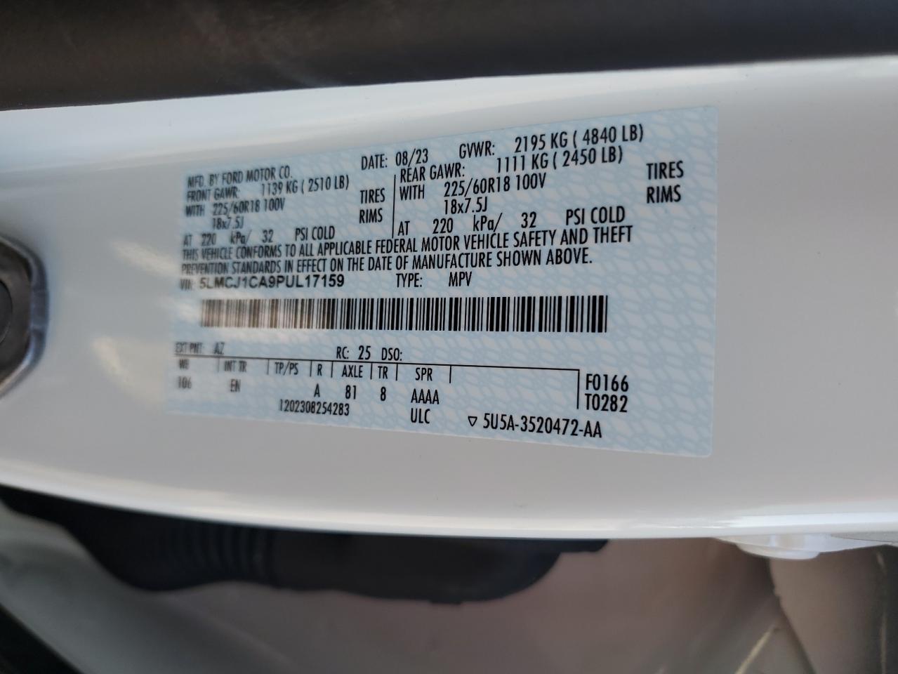 2023 LINCOLN CORSAIR VIN:5LMCJ1CA9PUL17159