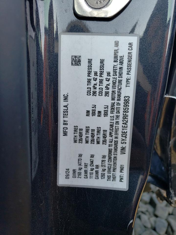 2024 TESLA MODEL 3 VIN:5YJ3E1EA2RF859983