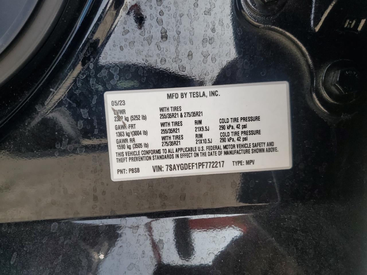 2023 TESLA MODEL Y VIN:7SAYGDEF1PF772217