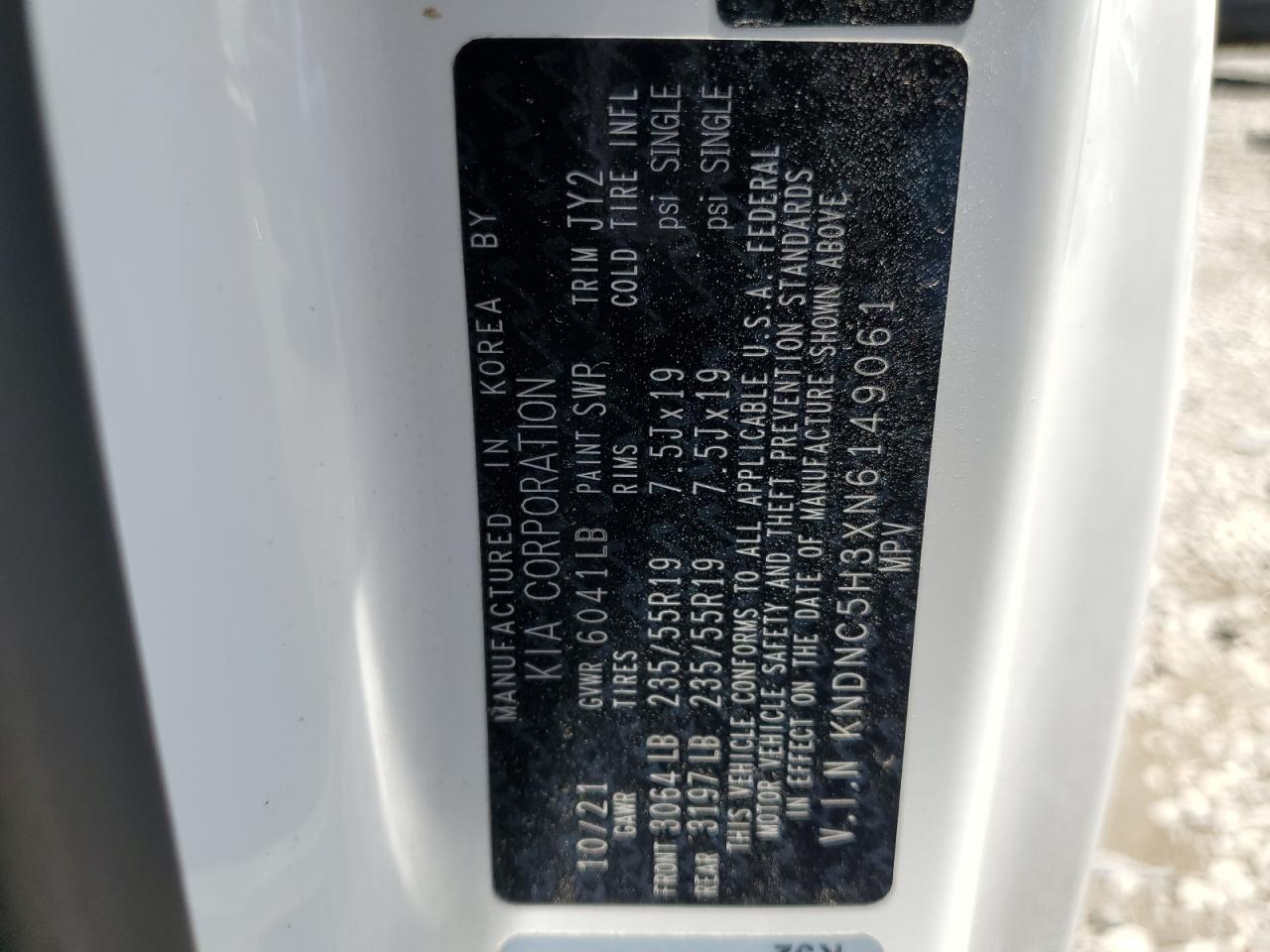 2022 KIA CARNIVAL EX VIN:KNDNC5H3XN6149061