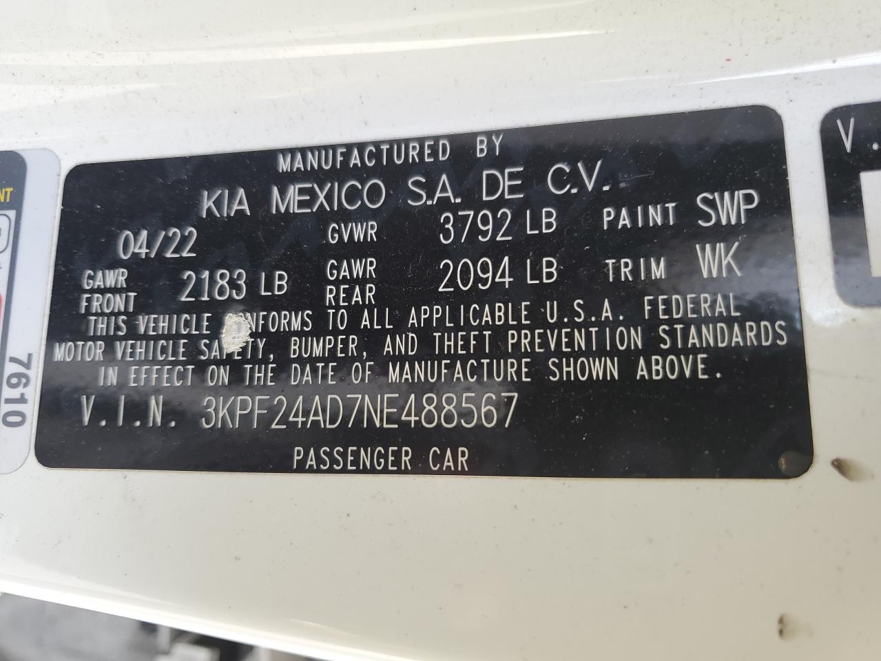 2022 KIA FORTE FE VIN:3KPF24AD7NE488567