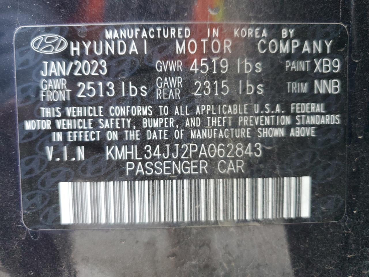 2023 HYUNDAI SONATA HYBRID VIN:KMHL34JJ2PA062843