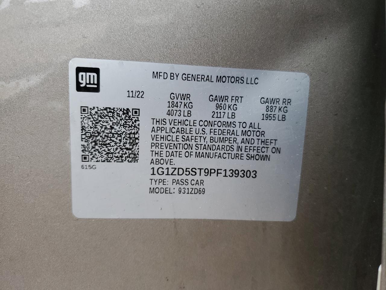 2023 CHEVROLET MALIBU LT VIN:3FAHP0HA5AR267735