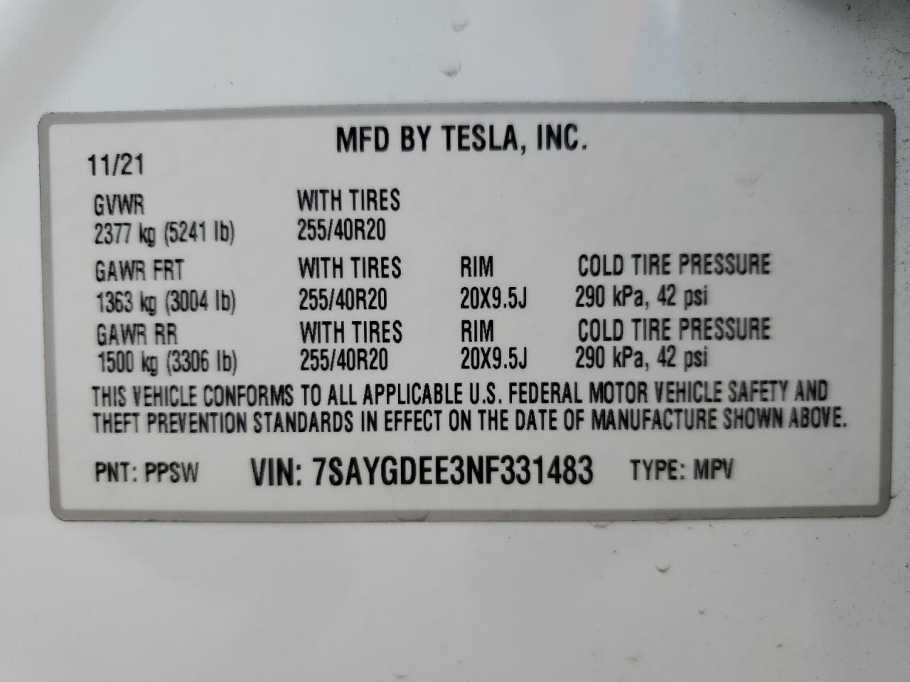 2022 TESLA MODEL Y VIN:7SAYGDEE3NF331483