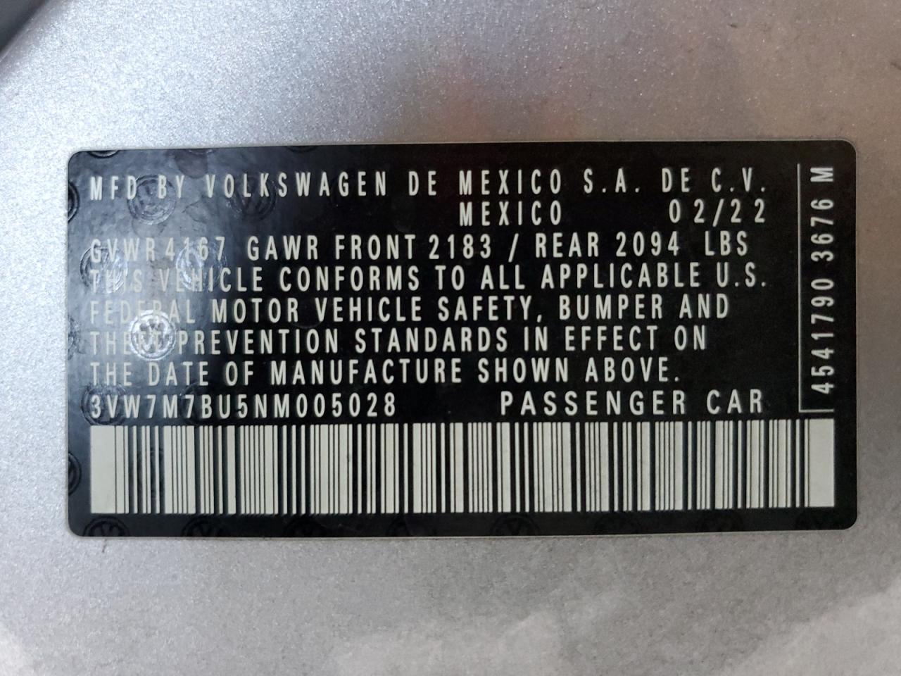2022 VOLKSWAGEN JETTA SE VIN:3VW7M7BU5NM005028