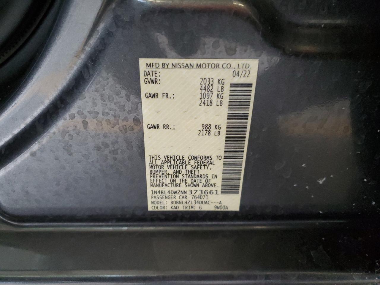 2022 NISSAN ALTIMA SV VIN:1N4BL4DW2NN373661