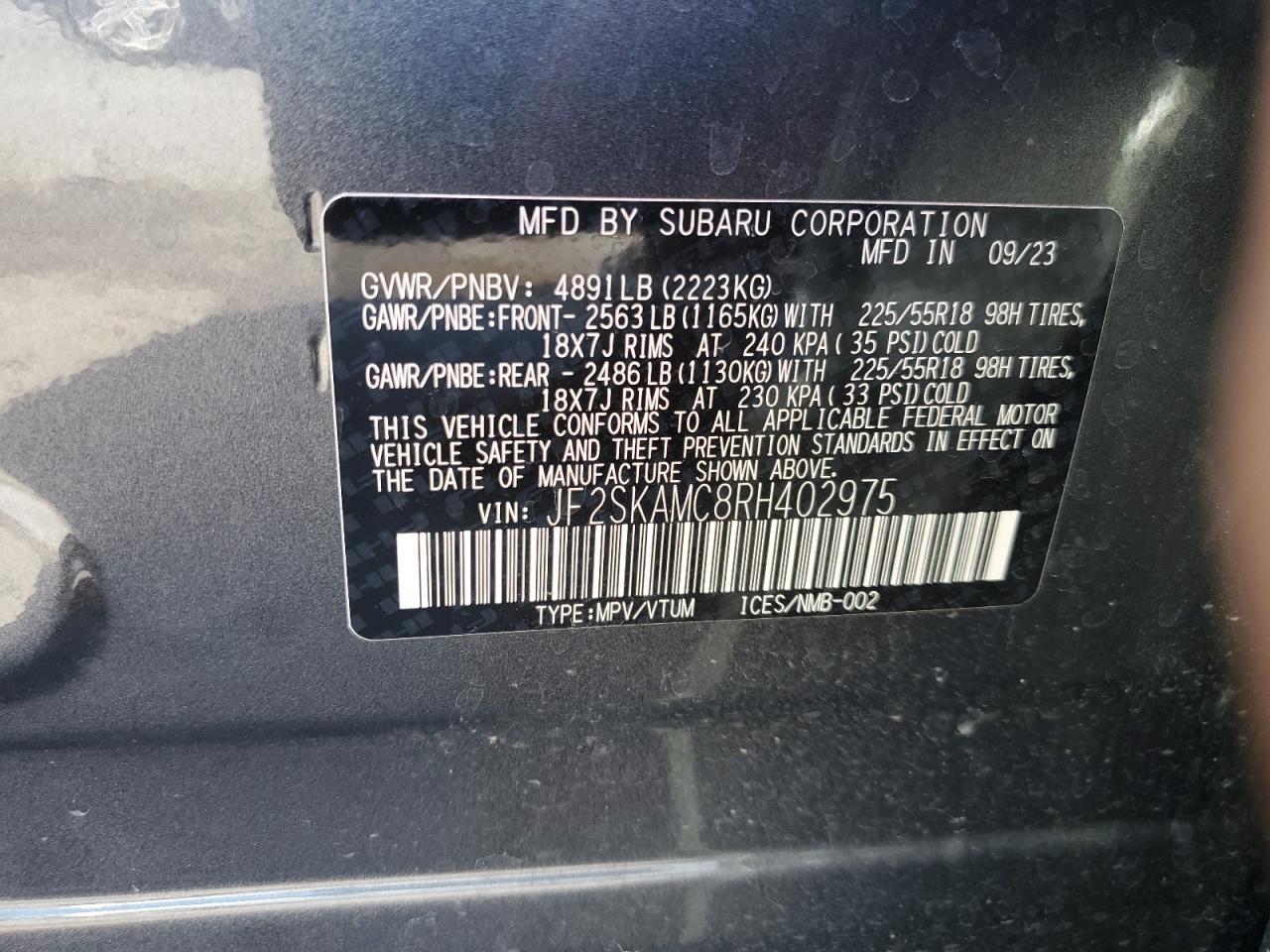 2024 SUBARU FORESTER TOURING VIN:JF2SKAMC8RH402975