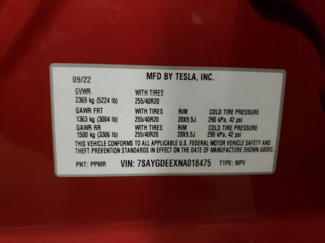 2022 TESLA MODEL Y VIN:7SAYGDEEXNA018475