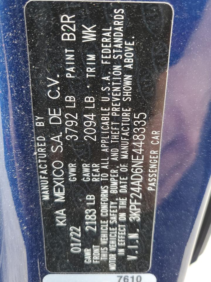 2022 KIA FORTE FE VIN:3KPF24AD6NE448335