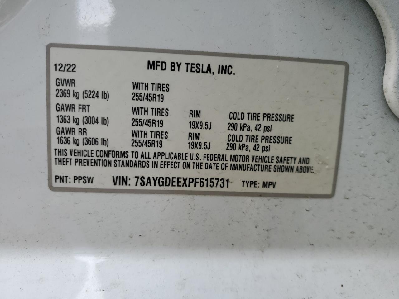 2023 TESLA MODEL Y VIN:7SAYGDEEXPF615731