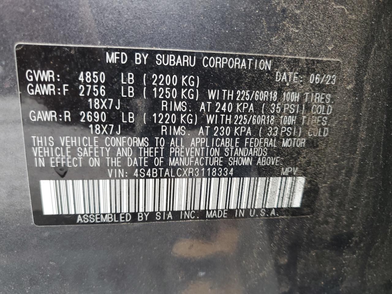 2024 SUBARU OUTBACK ONYX EDITION VIN:4S4BTALCXR3118334