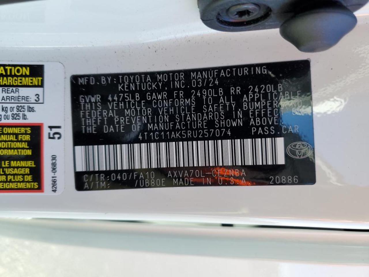 2024 TOYOTA CAMRY LE VIN:4T1C11AK5RU257074