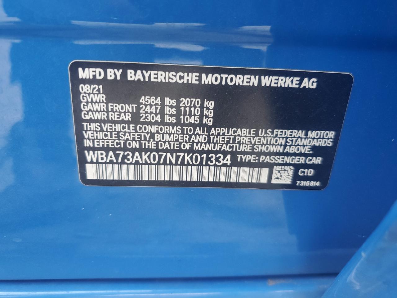 2022 BMW 228XI VIN:WBA73AK07N7K01334