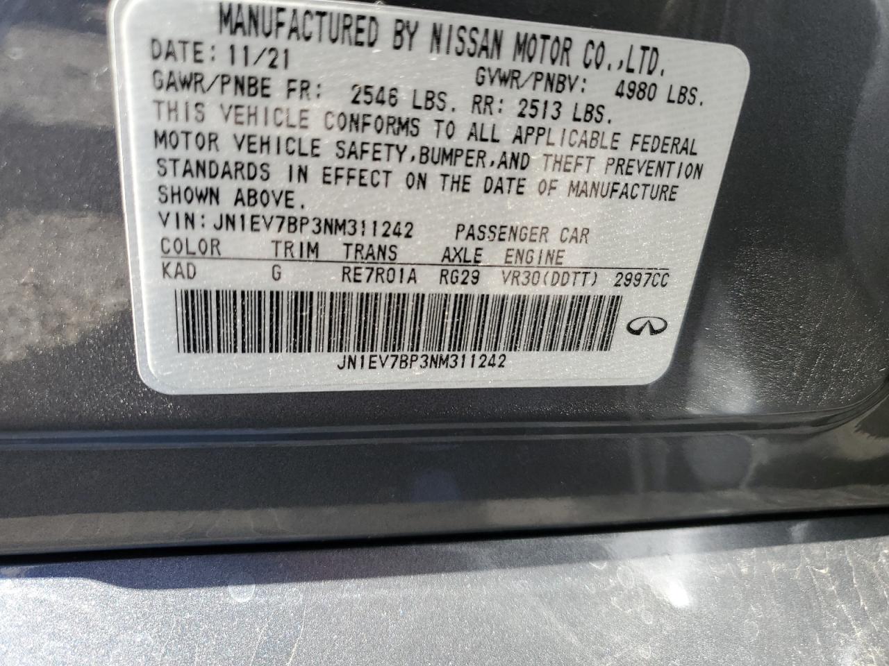 2022 INFINITI Q50 LUXE VIN:JN1EV7BP3NM311242