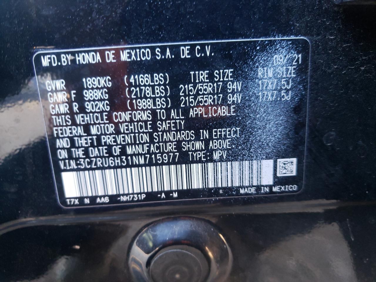 2022 HONDA HR-V LX VIN:3CZRU6H31NM715977
