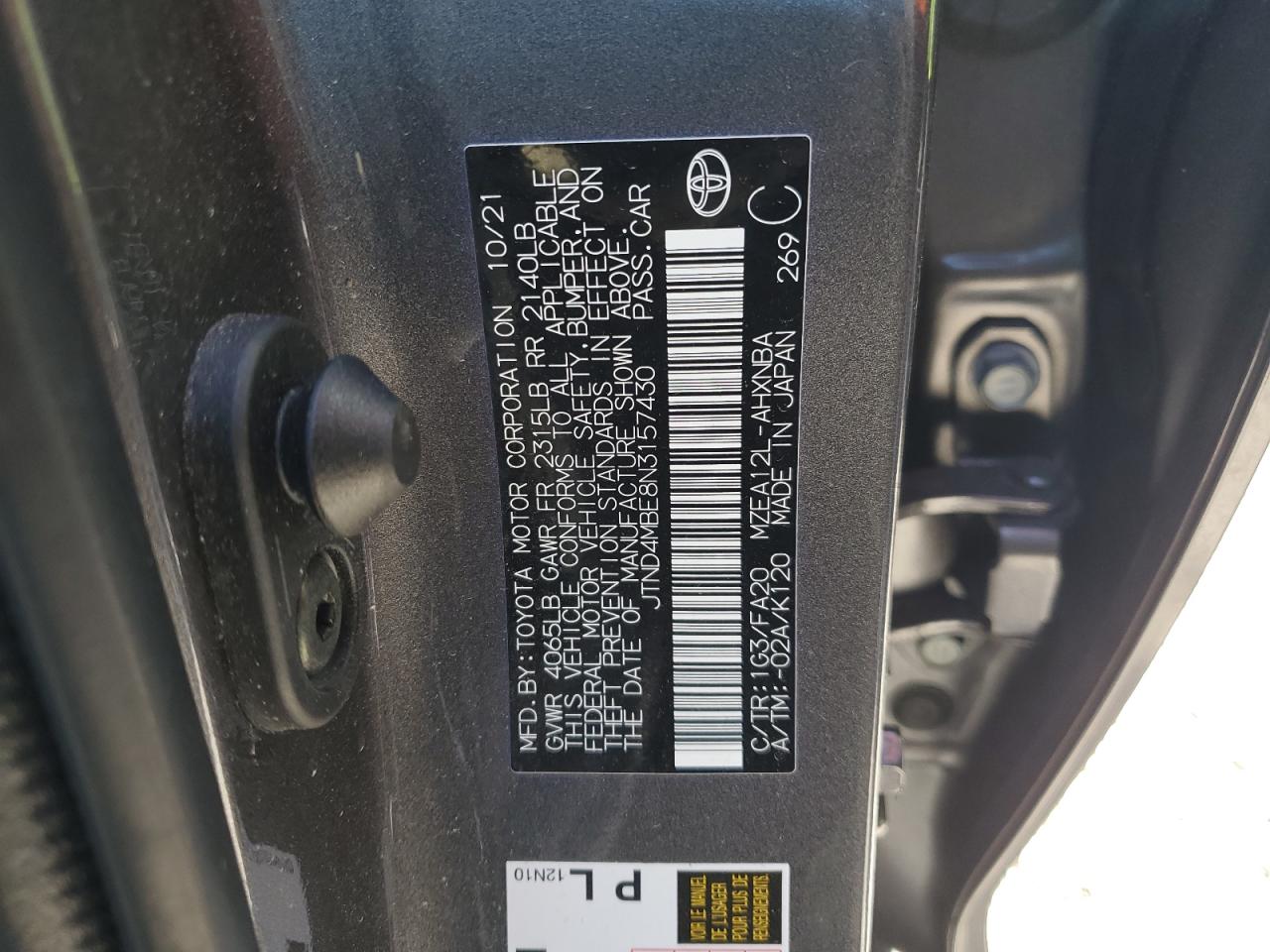 2022 TOYOTA COROLLA SE VIN:JTND4MBE8N3157430