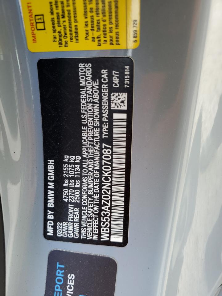 2022 BMW M4 VIN:WBS53AZ02NCK07087