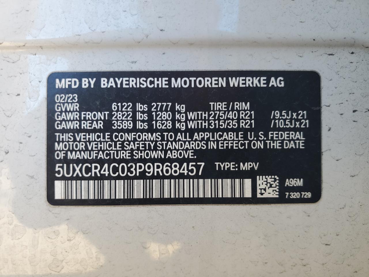 2023 BMW X5 SDRIVE 40I VIN:5UXCR4C03P9R68457