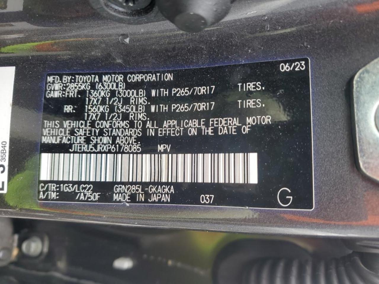 2023 TOYOTA 4RUNNER SE VIN:JTERU5JRXP6178085