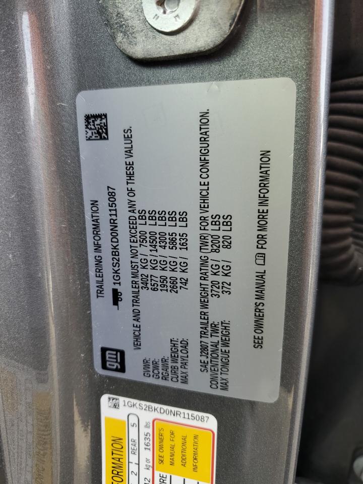 2022 GMC YUKON SLT VIN:1GKS2BKD0NR115087
