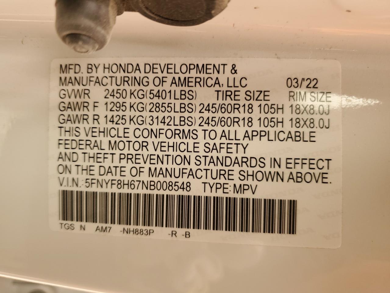 2022 HONDA PASSPORT TRAIL SPORT VIN:5FNYF8H67NB008548