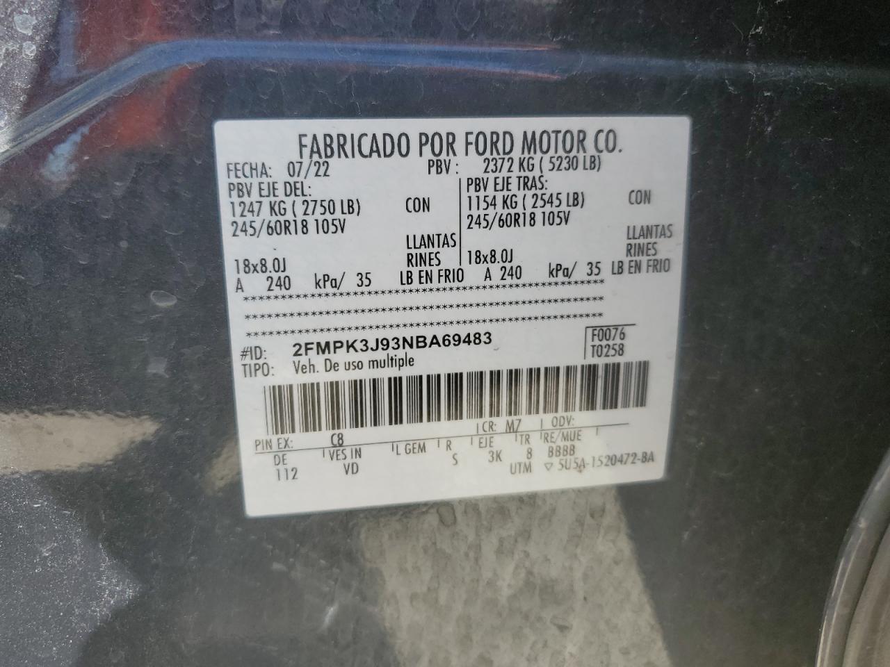 2022 FORD EDGE SEL VIN:2FMPK3J93NBA69483