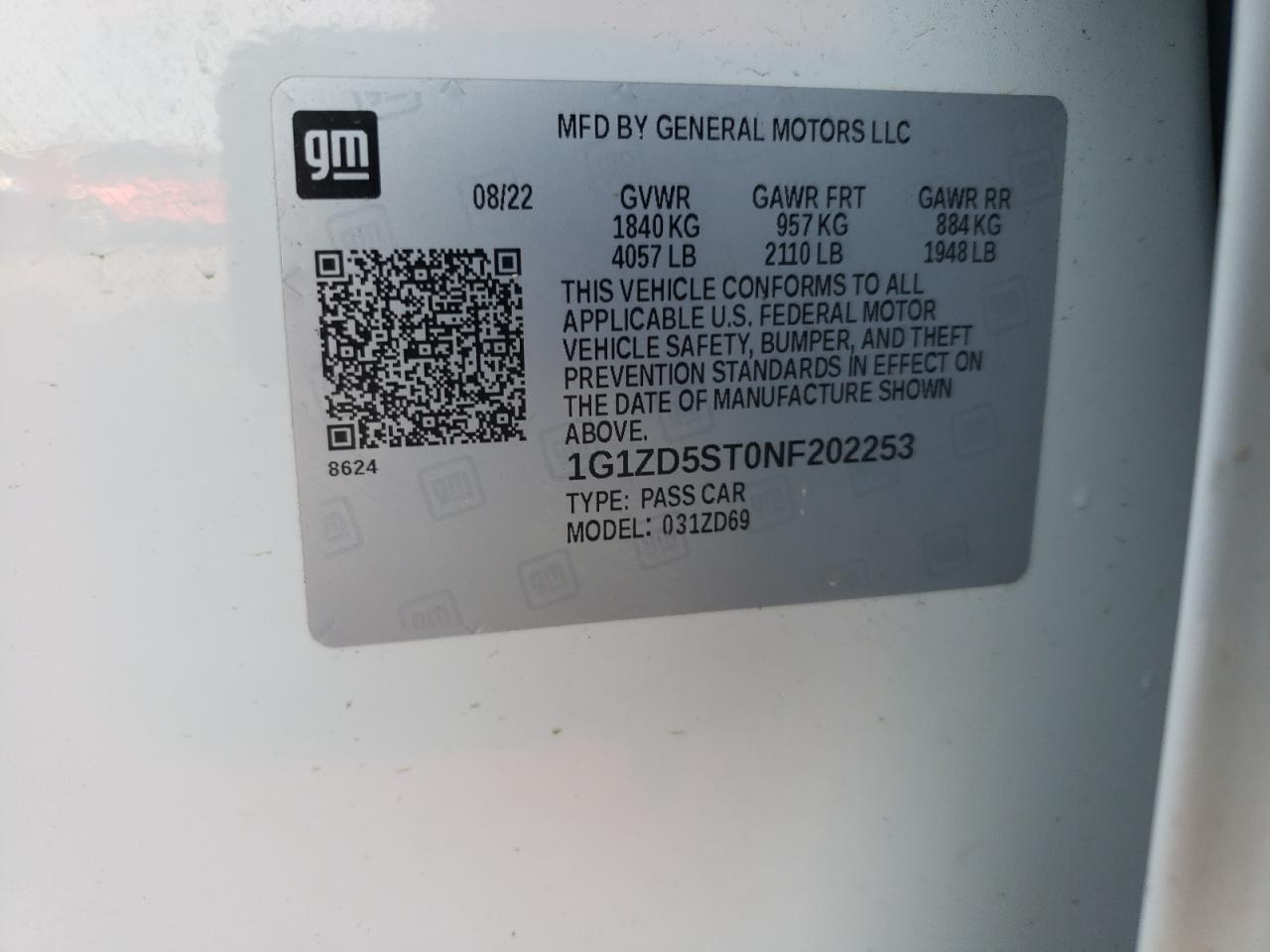 2022 CHEVROLET MALIBU LT VIN:1G1ZD5ST0NF202253