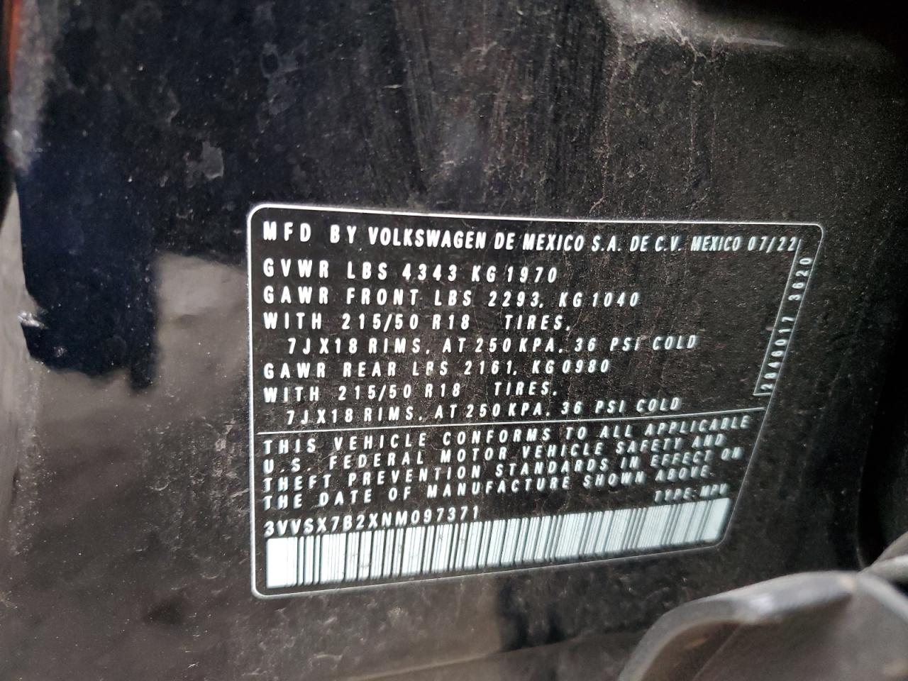 2022 VOLKSWAGEN TAOS SE VIN:3VVSX7B2XNM097371