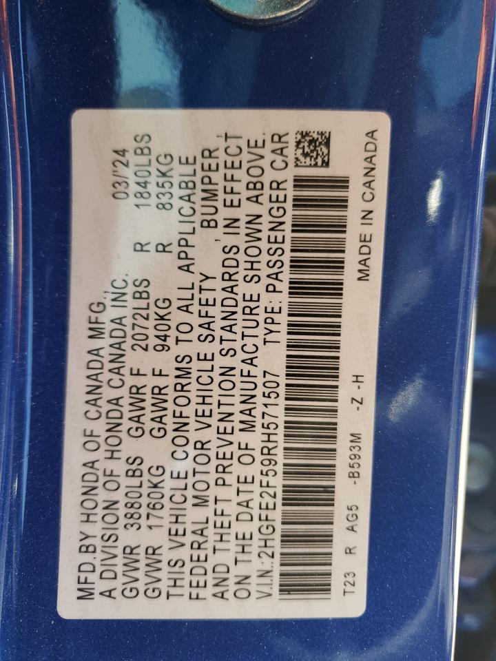 2024 HONDA CIVIC SPORT VIN:2HGFE2F59RH571507