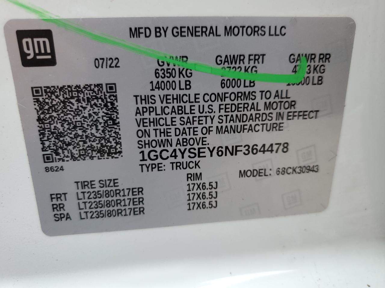 2022 CHEVROLET SILVERADO K3500 VIN:1GC4YSEY6NF364478